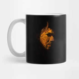 Portrait, digital collage and special processing. Devil face, side. Horn and lava texture. Yellow and green. Mug